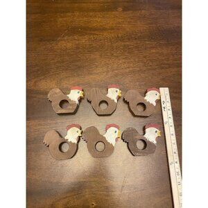 Vtg Hand Painted Wood Rooster Napkin Rings Set Of 6 Cottagecore Rustic Country